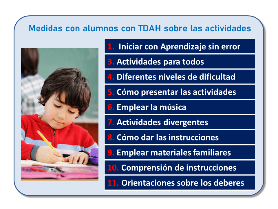 Curso de Jesús Jarque, TDAH: medidas de intervención educativa, que se impartirá en Pamplona el 5 de octubre de 2019. Medidas con alumnos con TDAH sobre las actividades