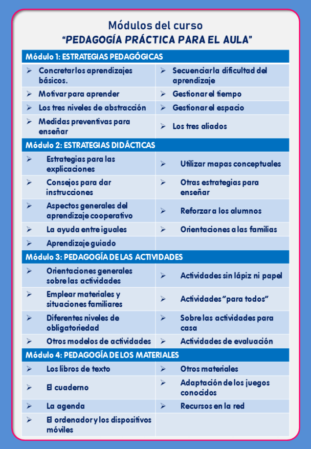 Contenido del Curso de Pedagogía práctica para el aula de Jesús Jarque.
