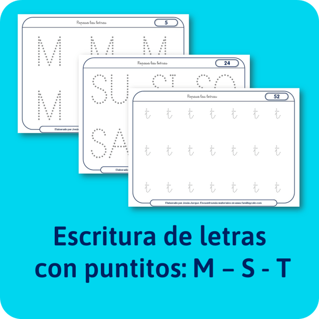 Fichas para aprender a escribir las letras: M-T-S. Para descargar e imprimir gratis. De Jesús Jarque.