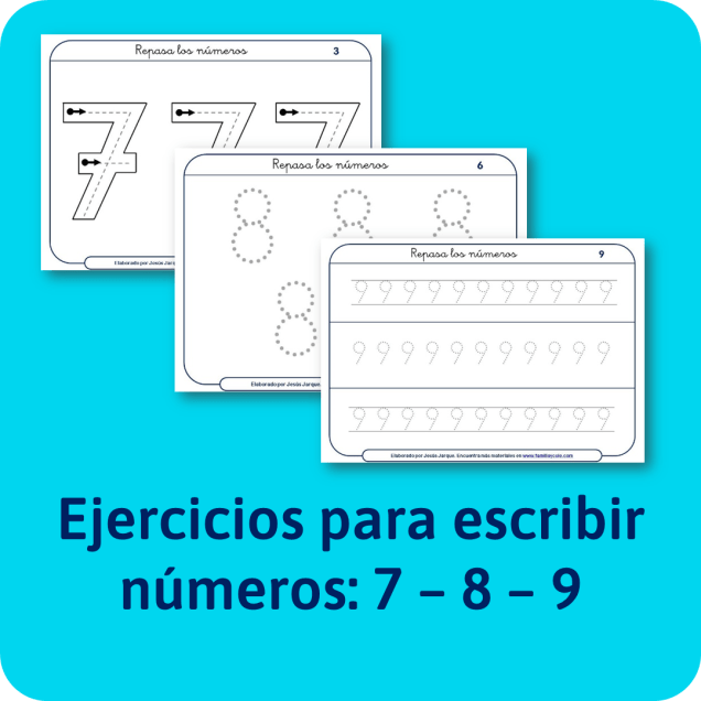 Fichas para aprender a escribir los números: 7-8-9. Para descargar e imprimir gratis. De Jesús Jarque.