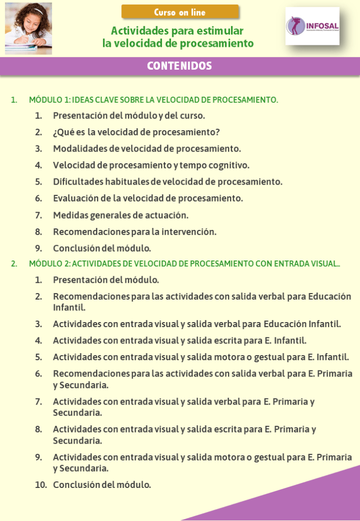 Contenidos del curso Actividades para estimular la Velocidad de Procesamiento. Módulos 1 y 2.