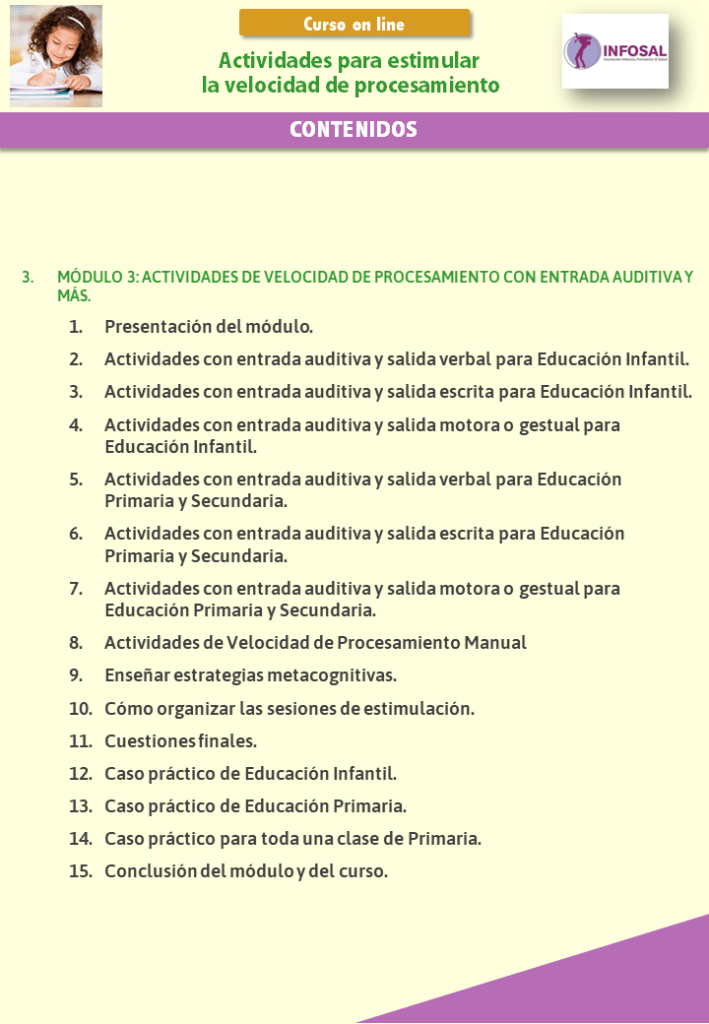 Contenidos del curso Actividades para estimular la Velocidad de Procesamiento. Módulo 3.