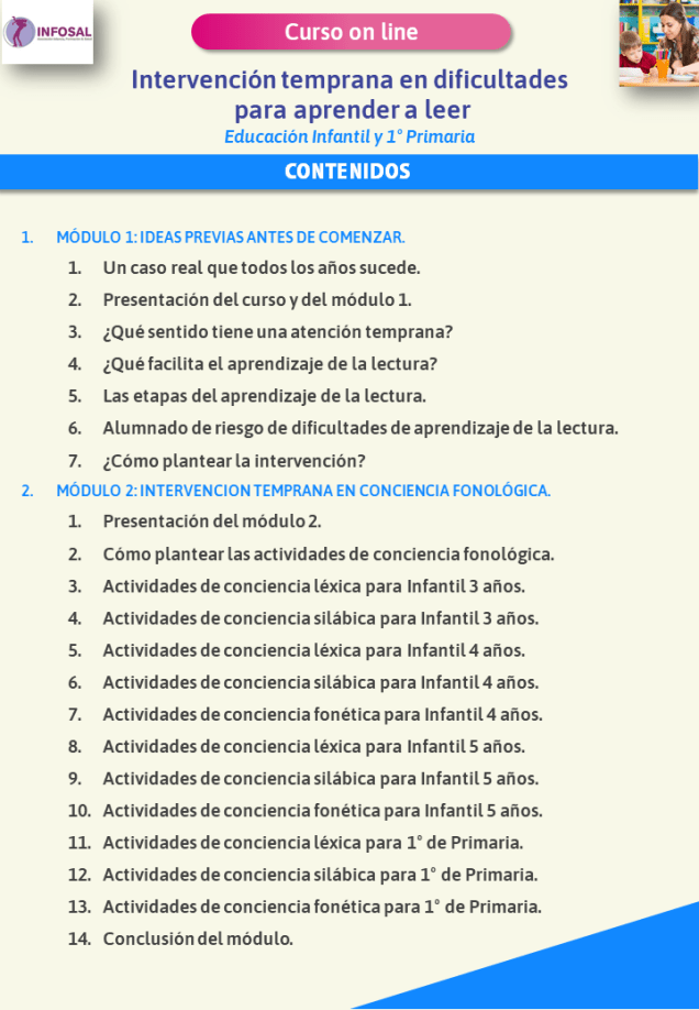 Contenidos del curso Intervención temprana en dificultades para aprender a leer.