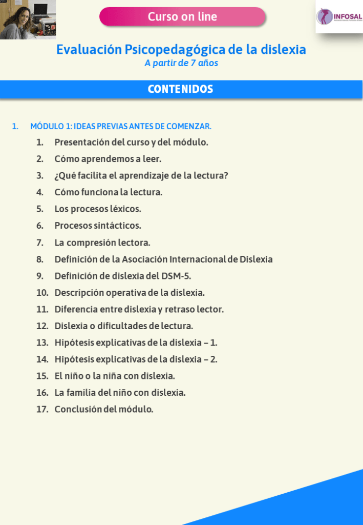 Contenidos del curso Evaluación Psicopedagógica de la dislexia y dificultades de lectura.