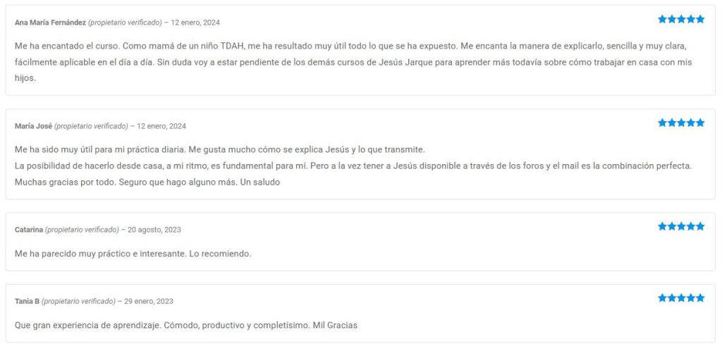Opiniones reales de las últimas convocatorias del curso online sobre la intervención educativa en el TDAH, en la escuela y en la familia. Con acceso a todo el material para siempre. 