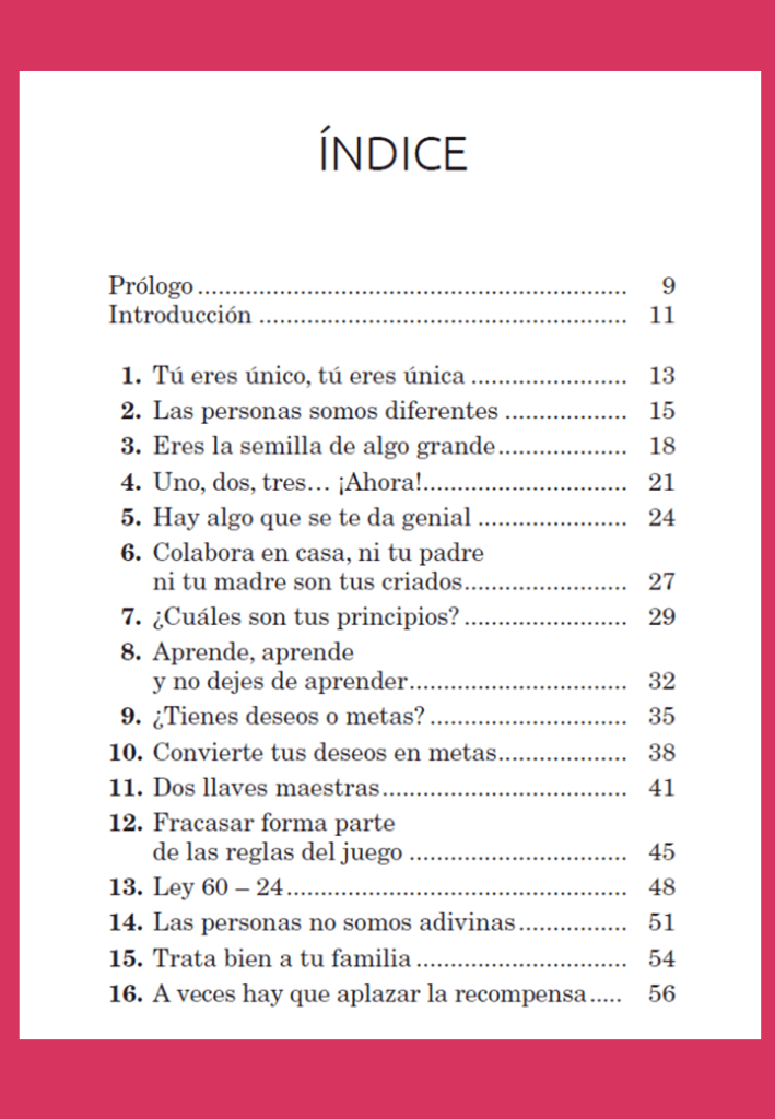 Índice del libro Consigue tu mejor versión, para chicos y chicas como tú, de Jesús Jarque y publicado por Editorial CCS.