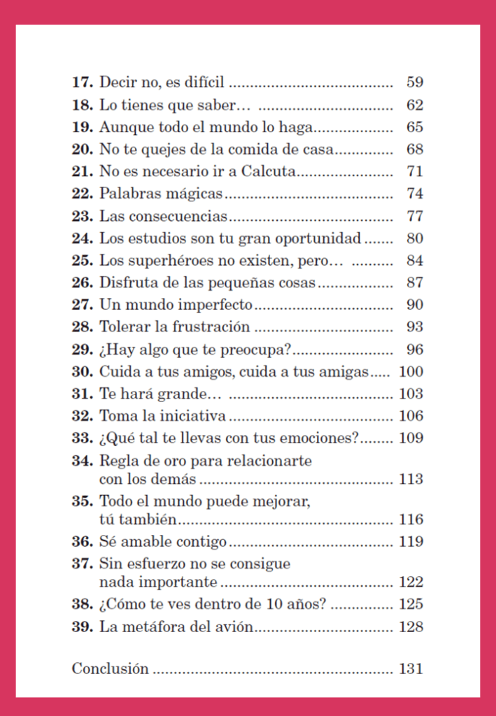 Índice del libro Consigue tu mejor versión, para chicos y chicas como tú, de Jesús Jarque y publicado por Editorial CCS.