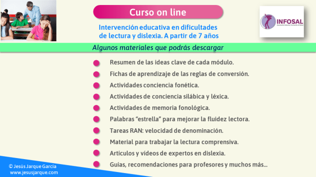 Algunos de los materiales que te podrás descargar del curso Intervención Educativa en dificultades de lectura y dislexia. 